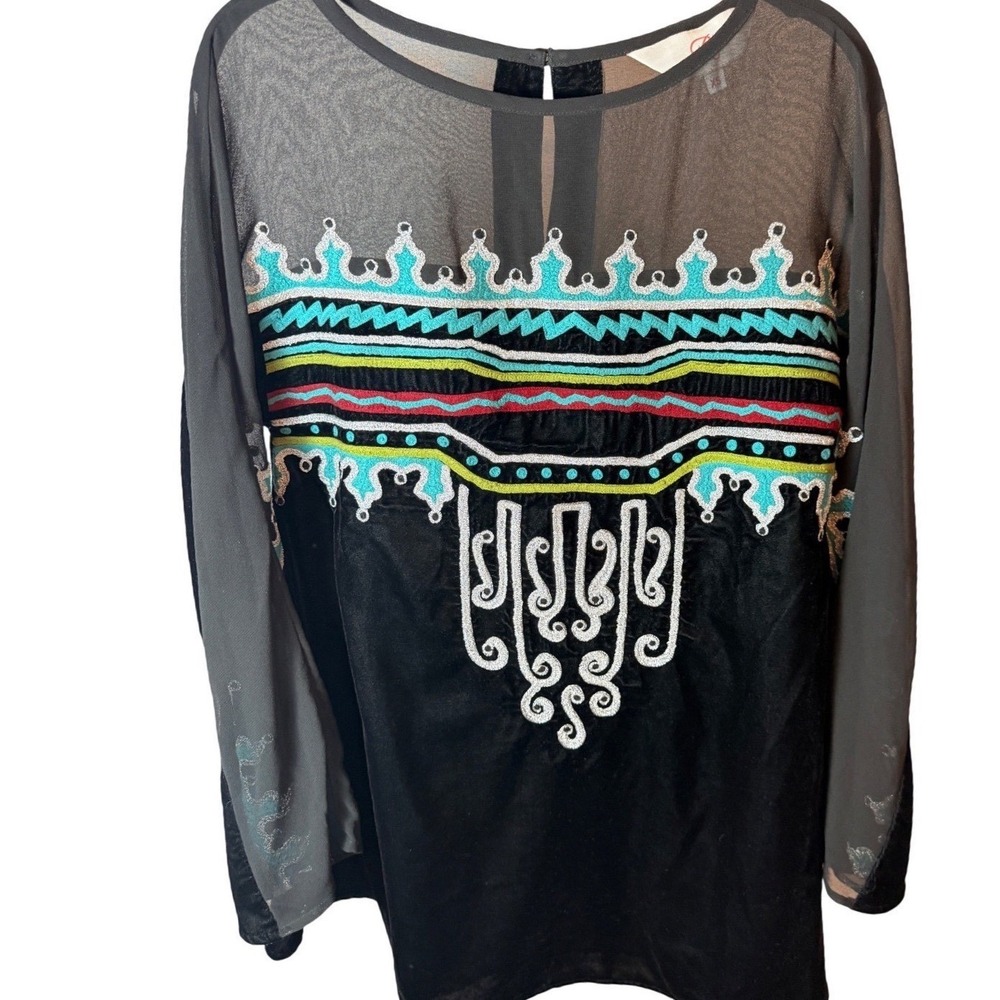 Roja‎ Womens Black Velvet Sheer Mesh Embroidered Boho Fairy Long Sleeve Top XS